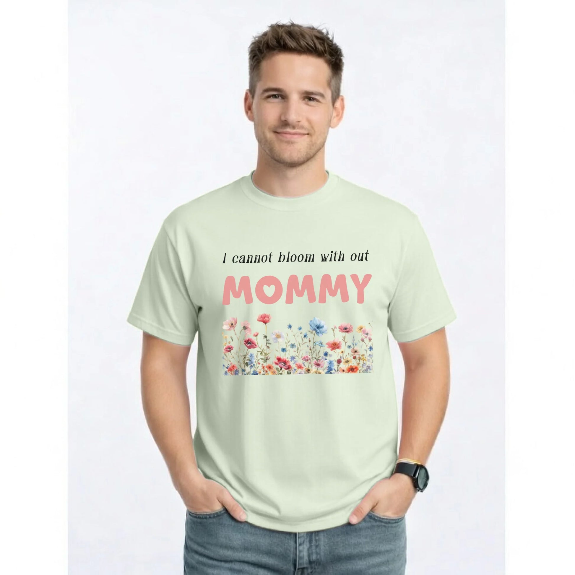 Personalized mommy t-shirt in bay with wildflowers graphic and text front view - Jollimate