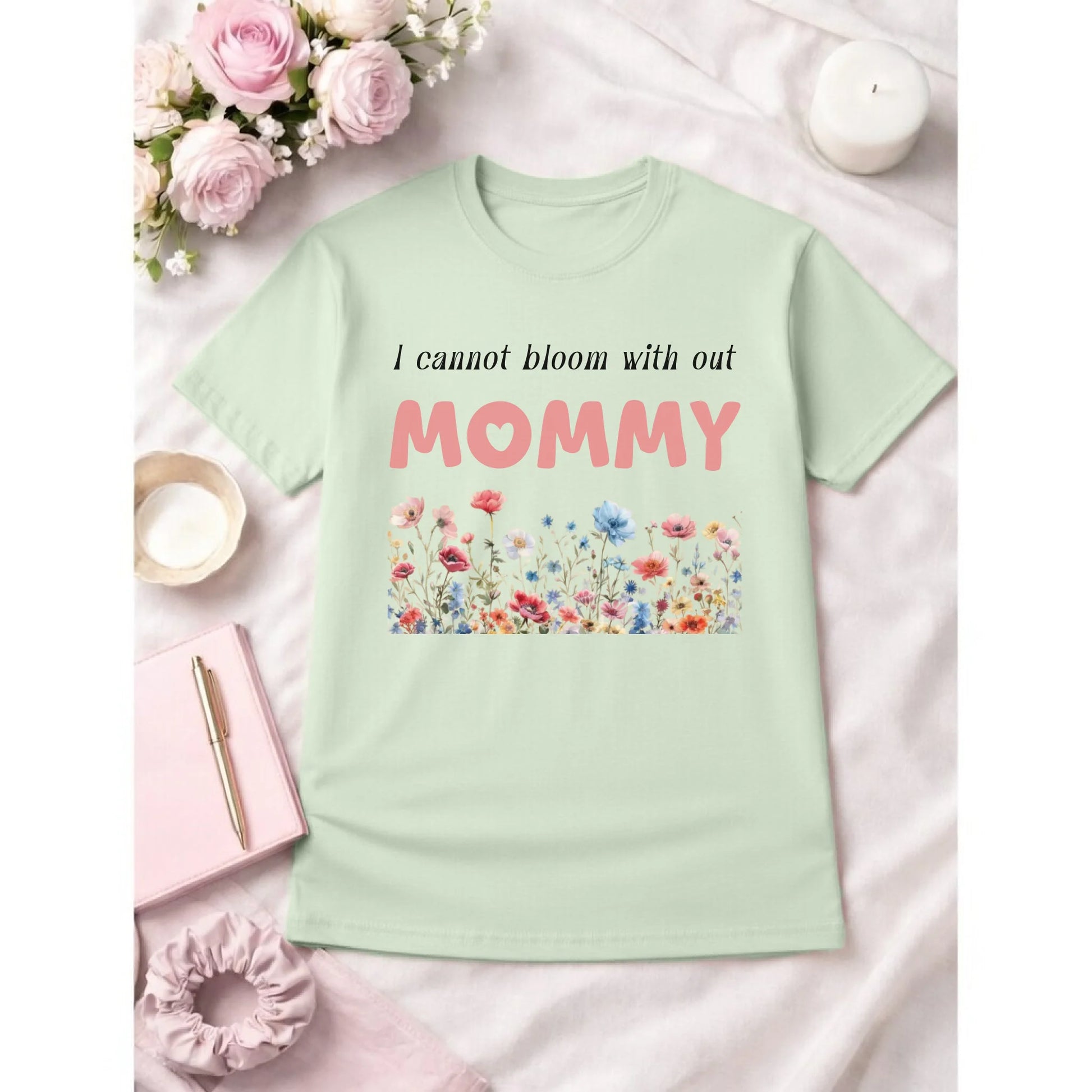 Personalized mommy t-shirt in bay with wildflowers graphic and text front view - Jollimate