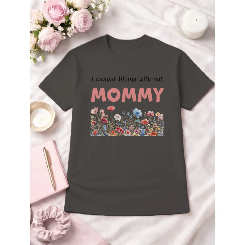 Personalized mommy t-shirt in pepper with wildflowers graphic and text front view - Jollimate