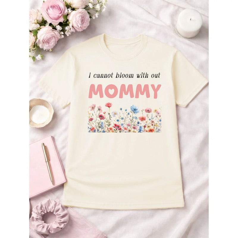 Personalized mommy t-shirt in ivory with wildflowers graphic and text front view - Jollimate