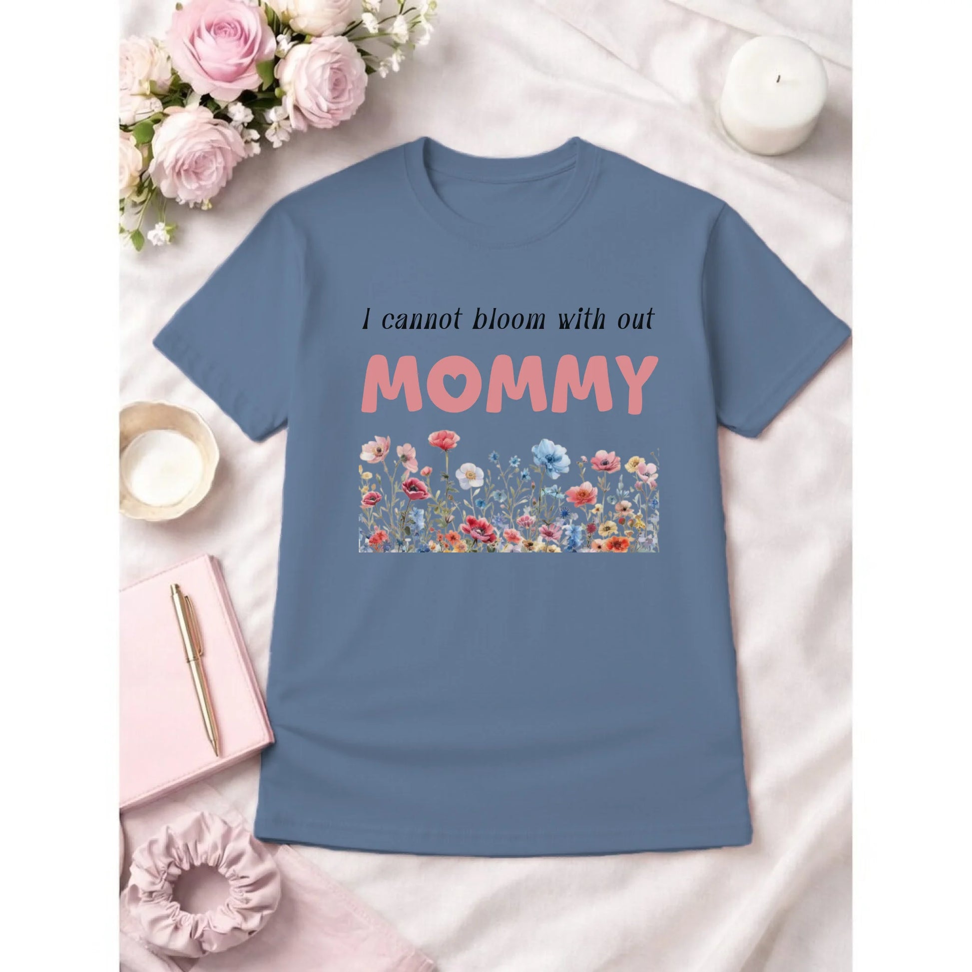 Personalized mommy t-shirt in blue jean with wildflowers graphic and text front view - Jollimate