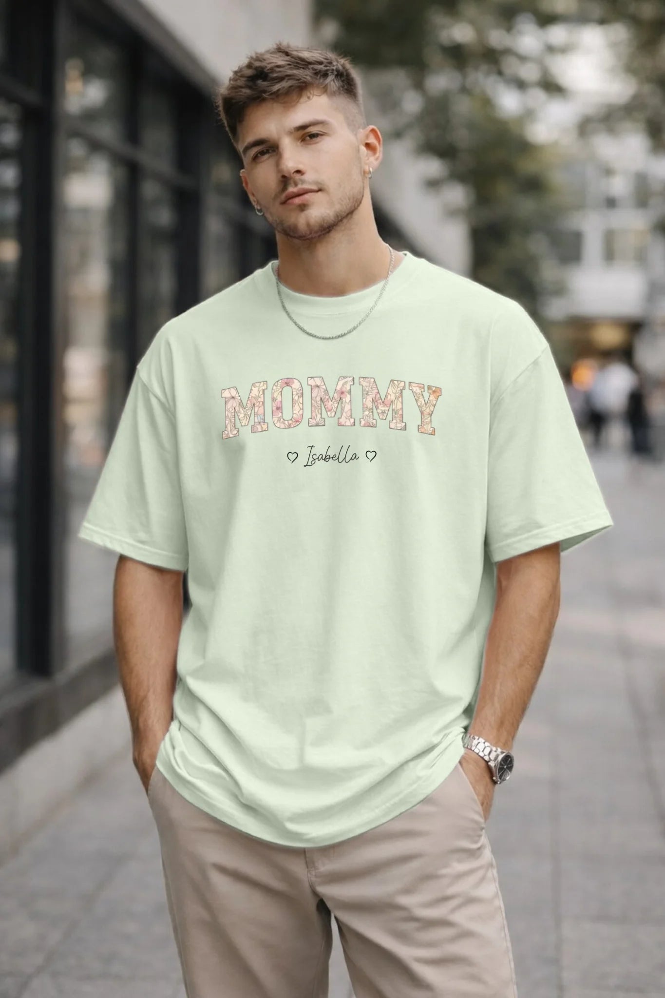 Personalized mommy t-shirt in bay with floral block letters and custom names front view - Jollimate