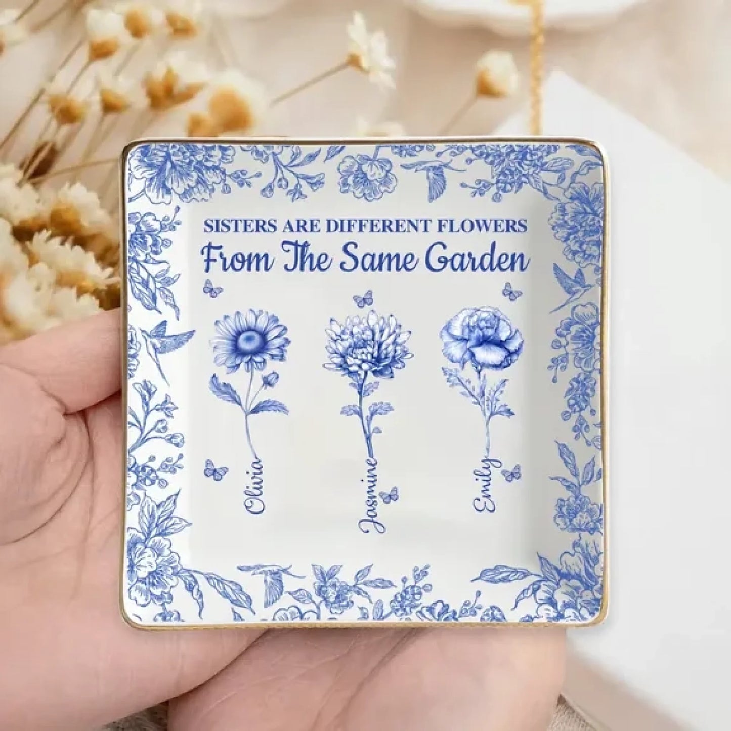 Personalized white sister ring dish with blue flowers design top view - Jollimate