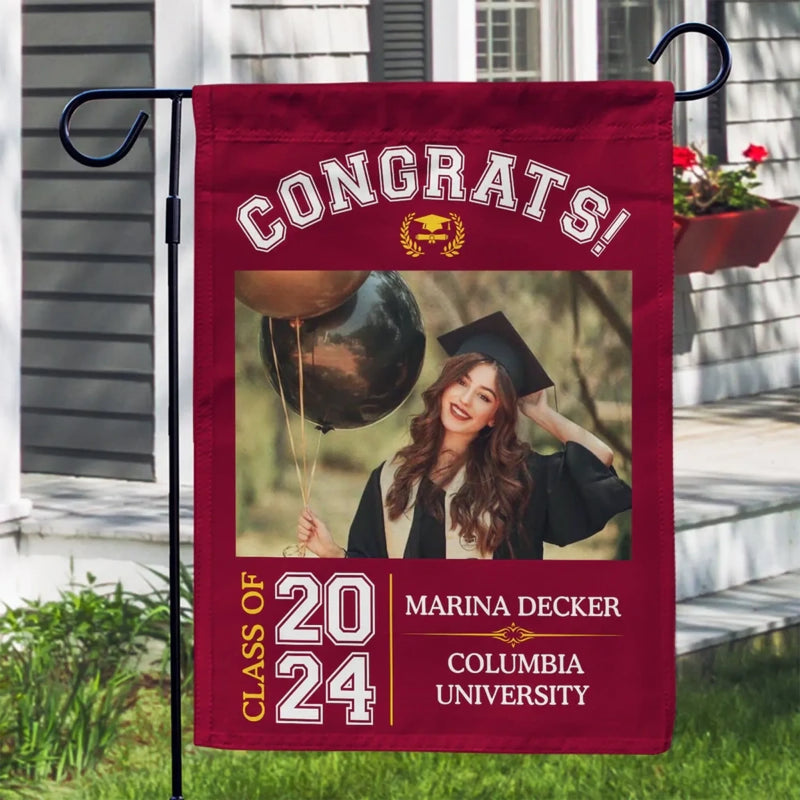 Personalized garden flag in red with congrats class of 2026 photo design front view - Jollimate