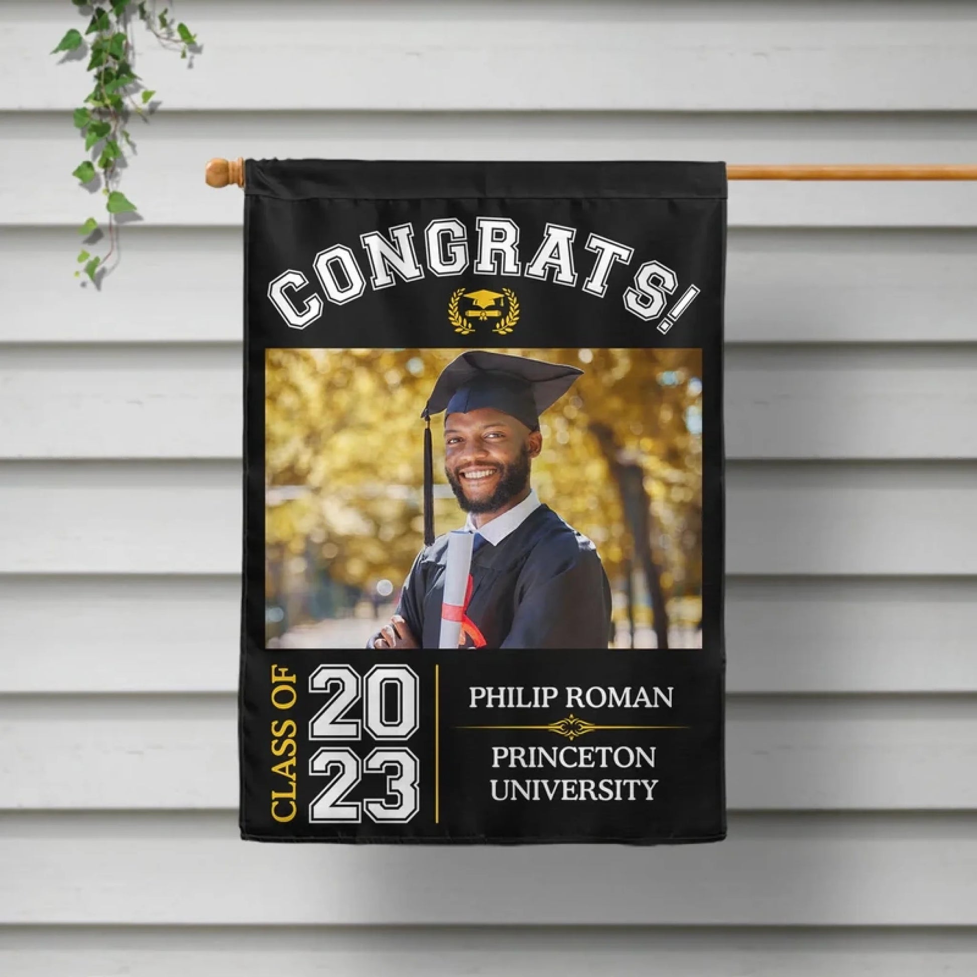 Personalized garden flag in black with congrats class of 2026 photo design front view - Jollimate