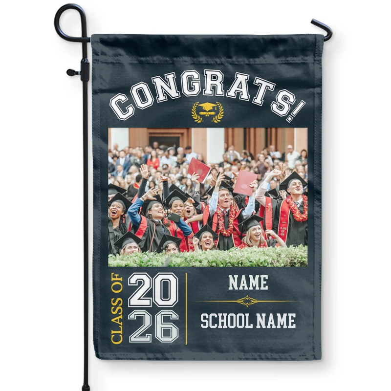 Personalized garden flag in multicolor with congrats class of 2026 photo design front view - Jollimate