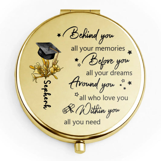 Golden compact mirror with your child's name along with flower that match their birth month 