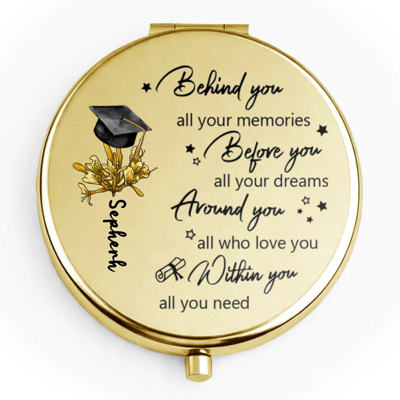Golden compact mirror with your child's name along with flower that match their birth month 