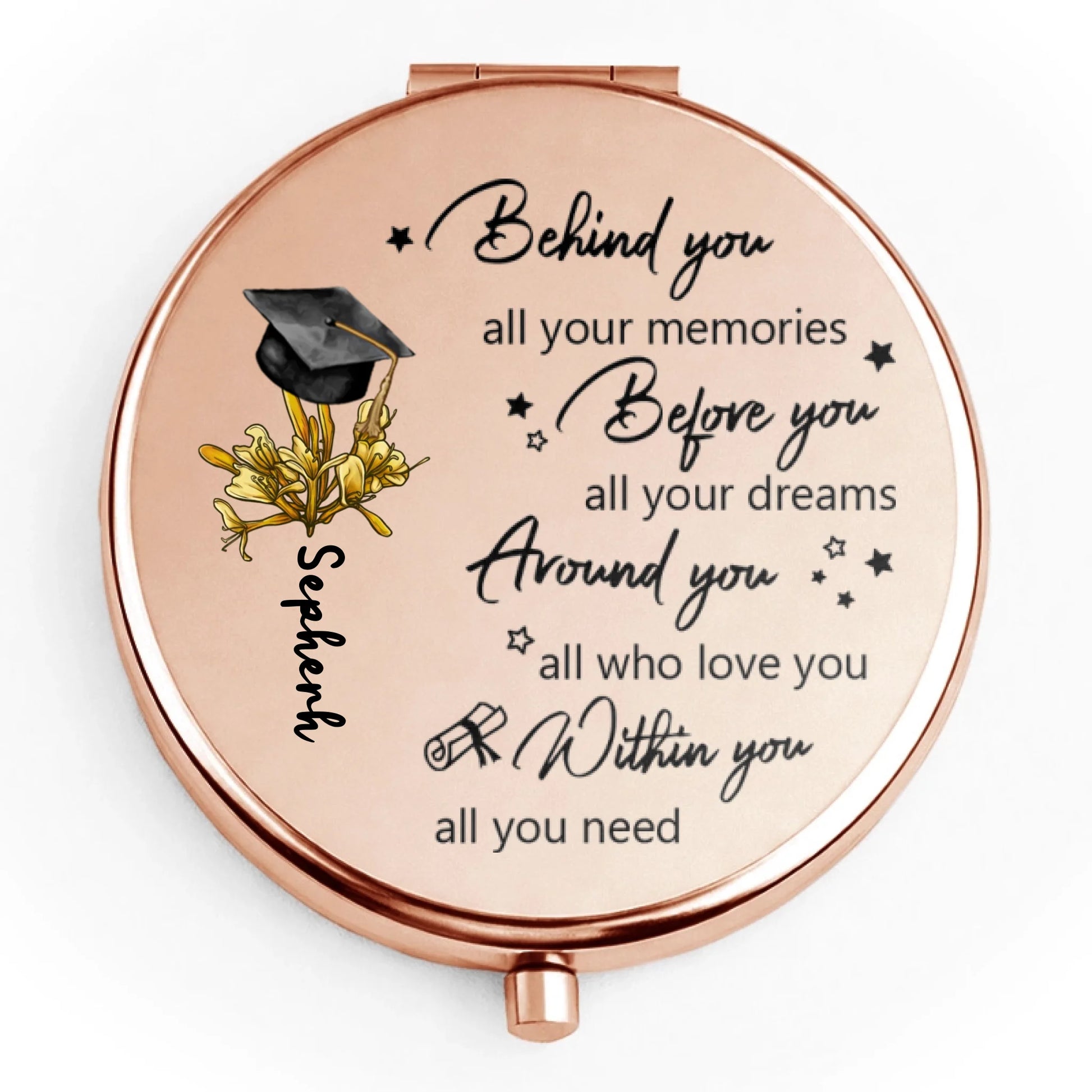 Golden Rose compact mirror with your child's name along with flower that match their birth month 
