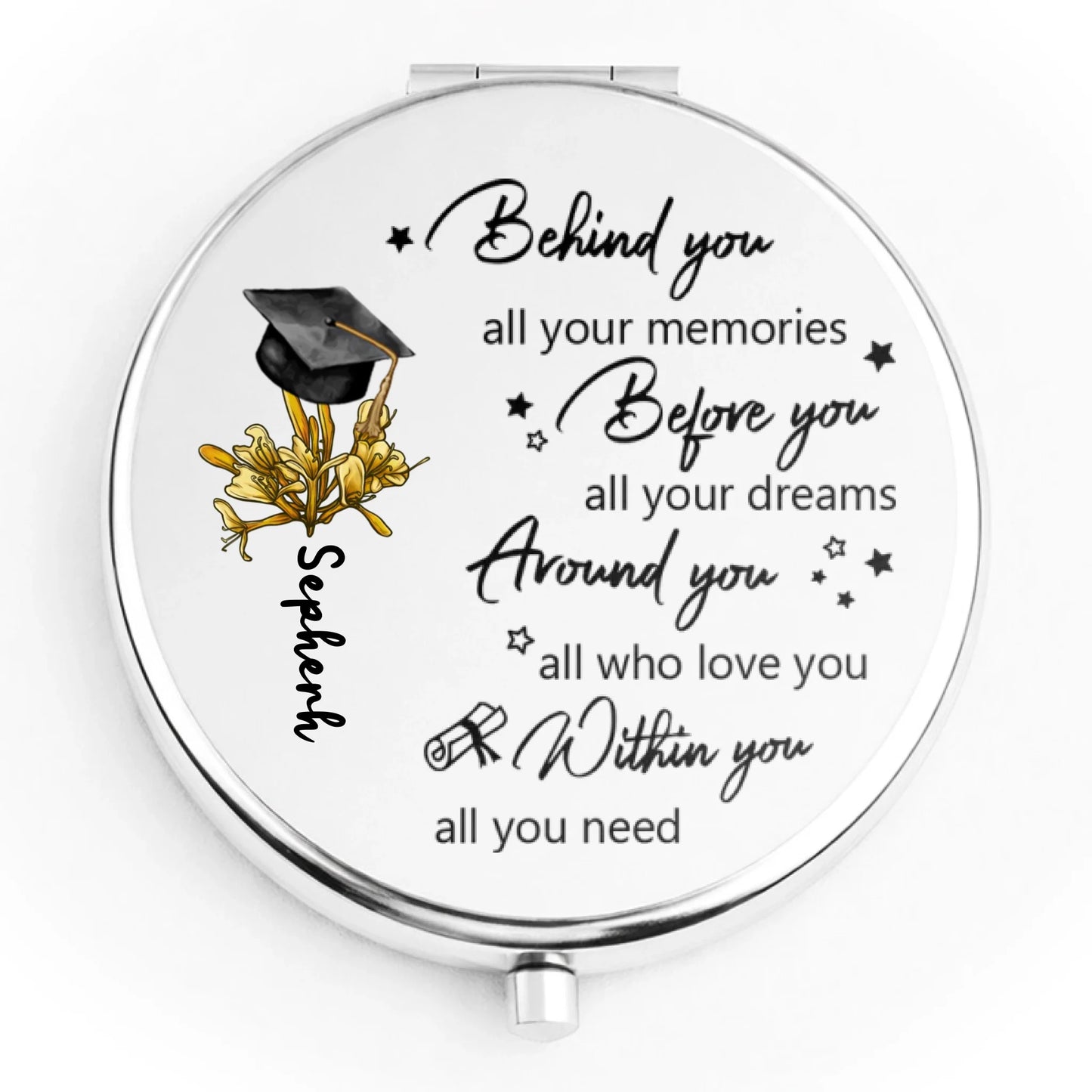 Silver compact mirror with your child's name along with flower that match their birth month 