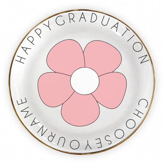Personalized ceramic dish with pink flower and graduation text and custom photo center front view - Jollimate