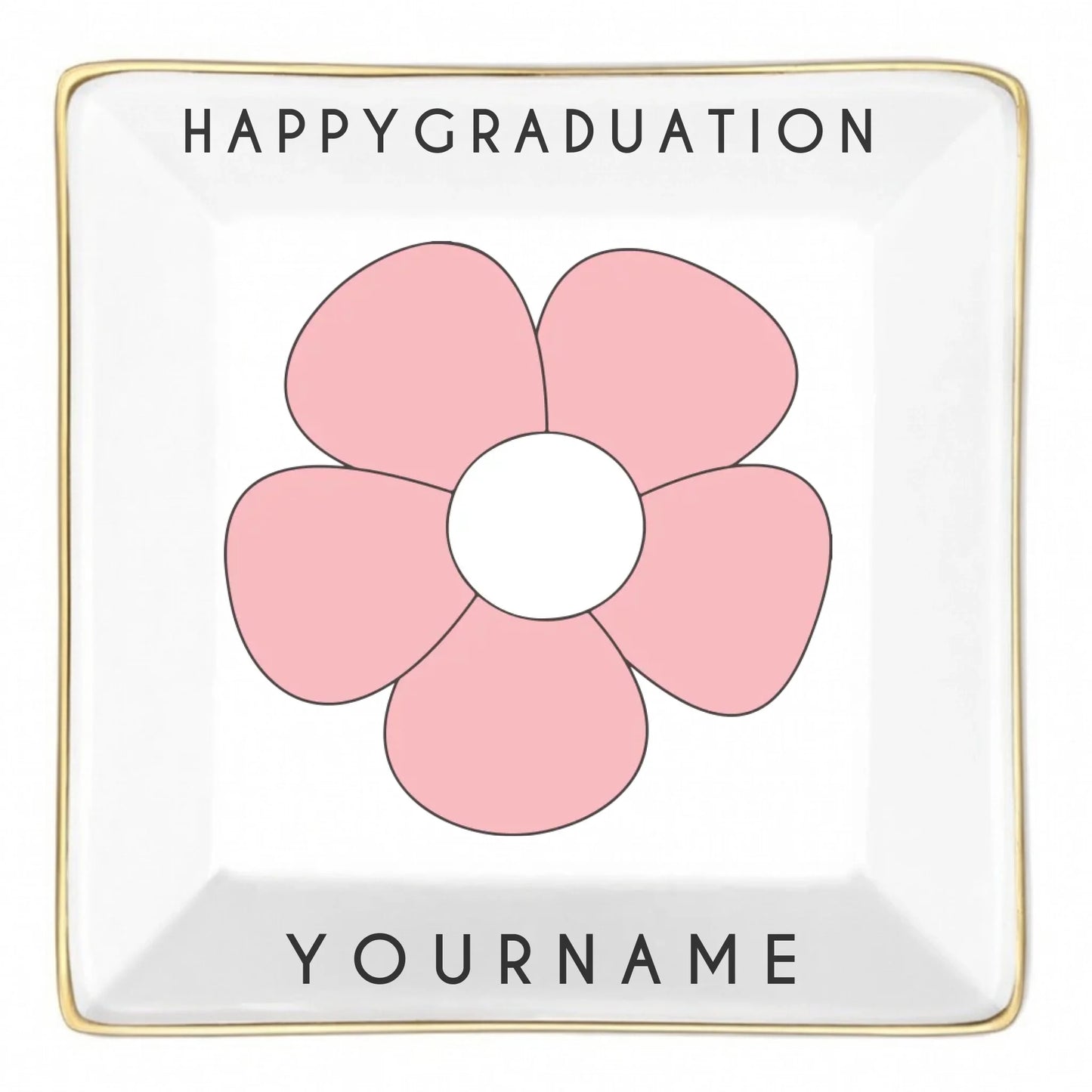 Personalized ceramic dish with pink flower and graduation text and custom photo center front view - Jollimate