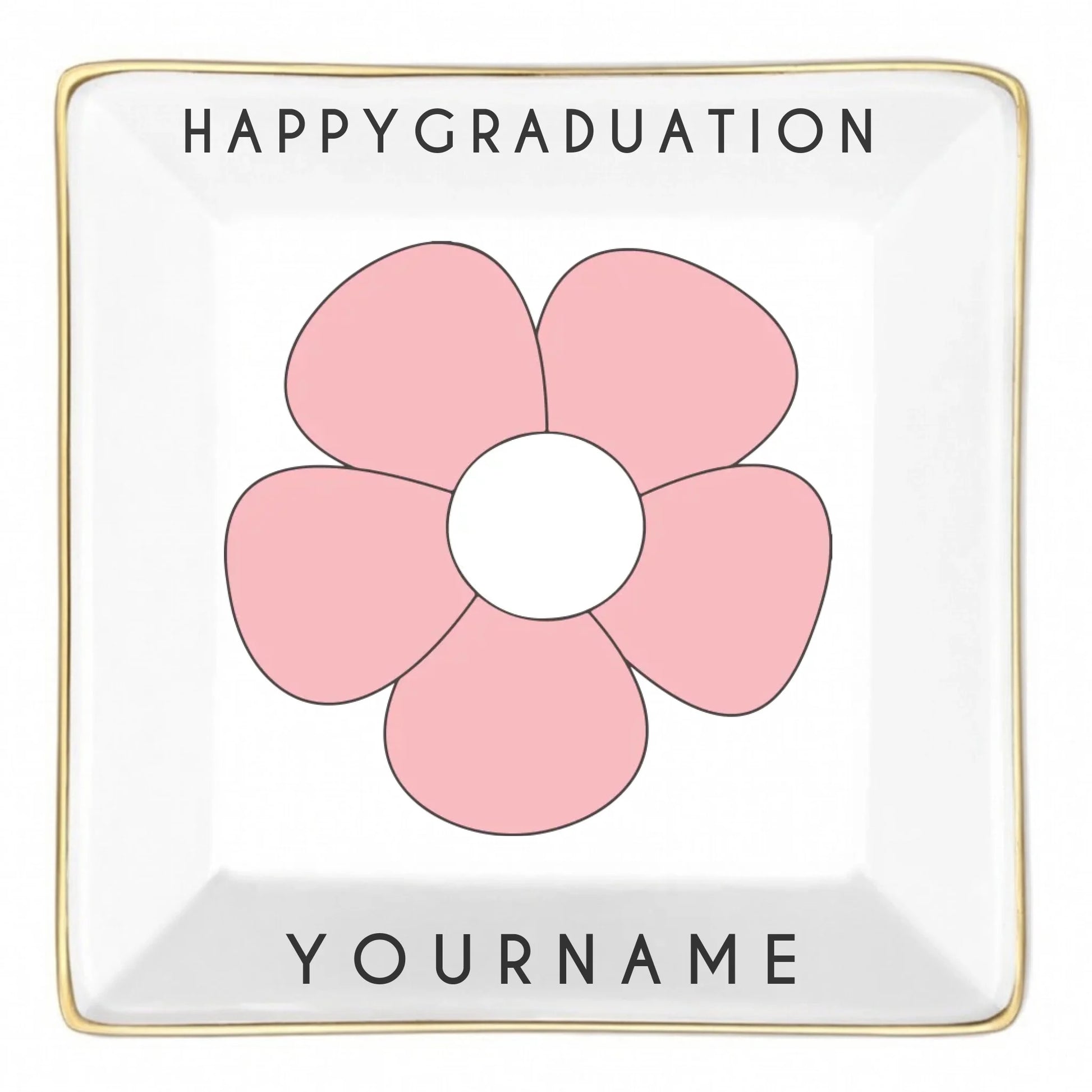 Personalized ceramic dish with pink flower and graduation text and custom photo center front view - Jollimate