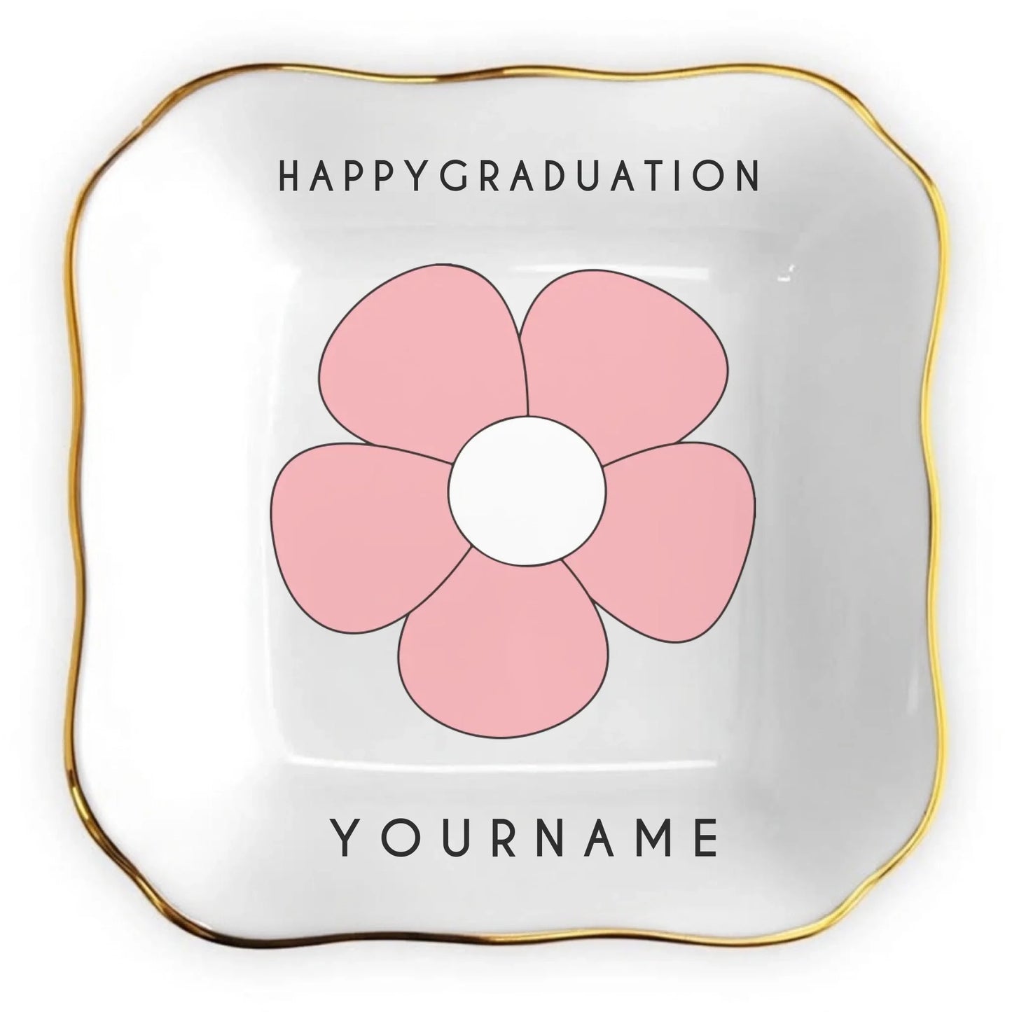 Personalized ceramic dish with pink flower and graduation text and custom photo center front view - Jollimate