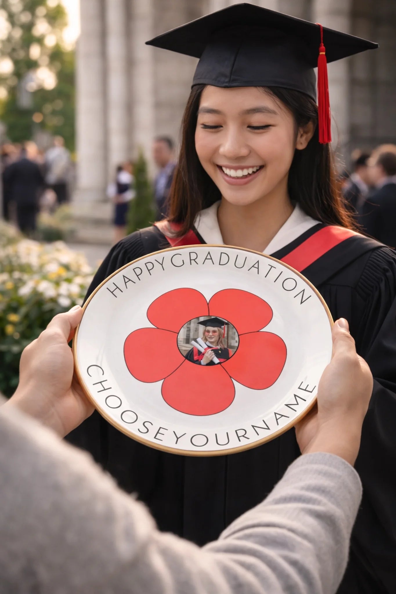 Graduation joy with personalized plate