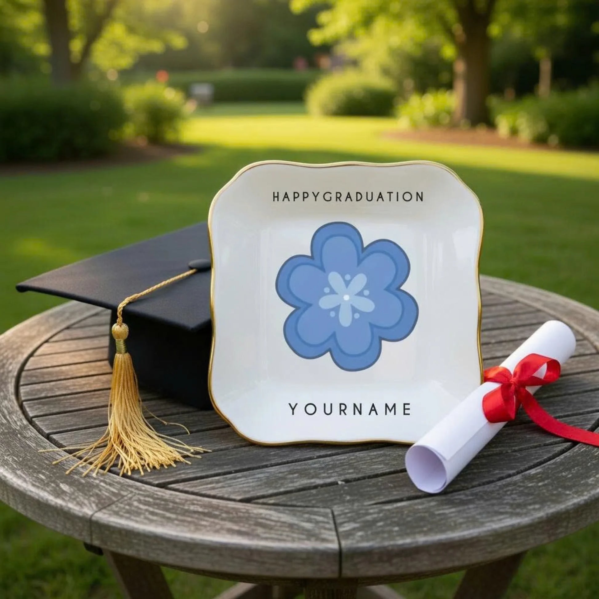 Personalized ceramic dish with pink flower and graduation text and custom photo center front view - Jollimate