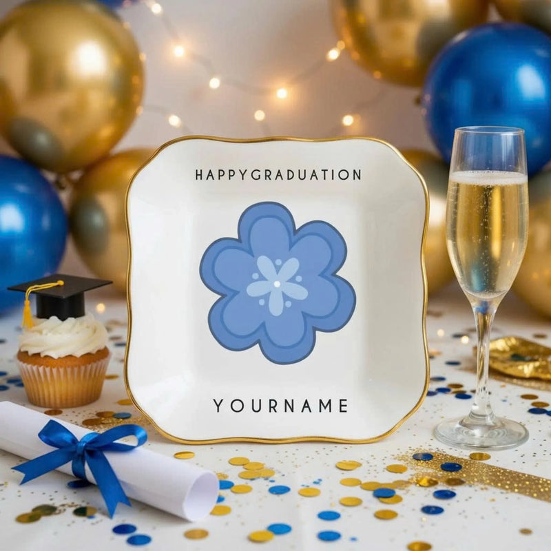 Personalized ceramic dish with pink flower and graduation text and custom photo center front view - Jollimate