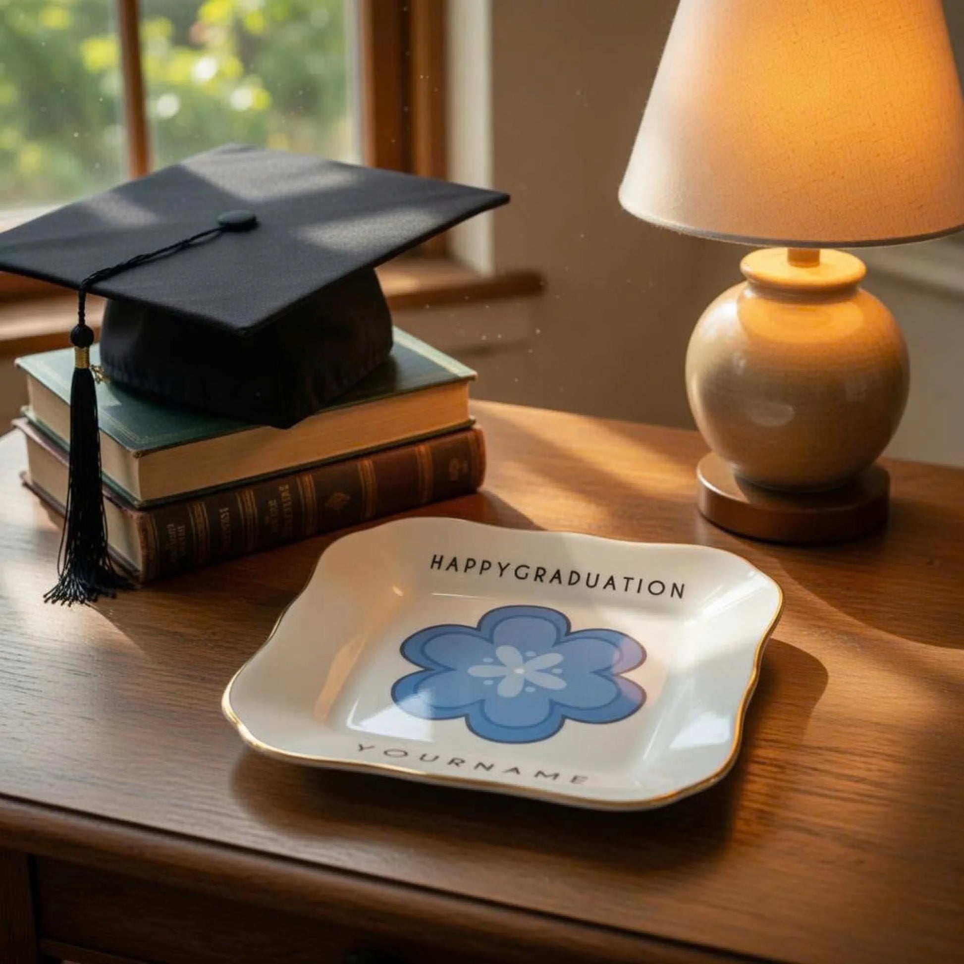 Personalized ceramic dish with pink flower and graduation text and custom photo center front view - Jollimate