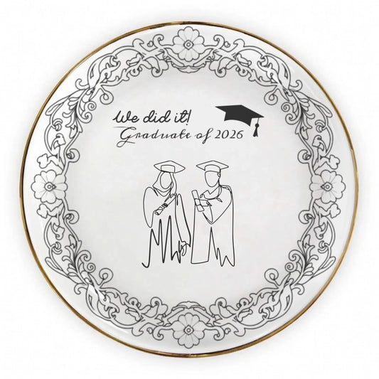 Personalized ceramic plate in white with pink graduation floral design front view - Jollimate