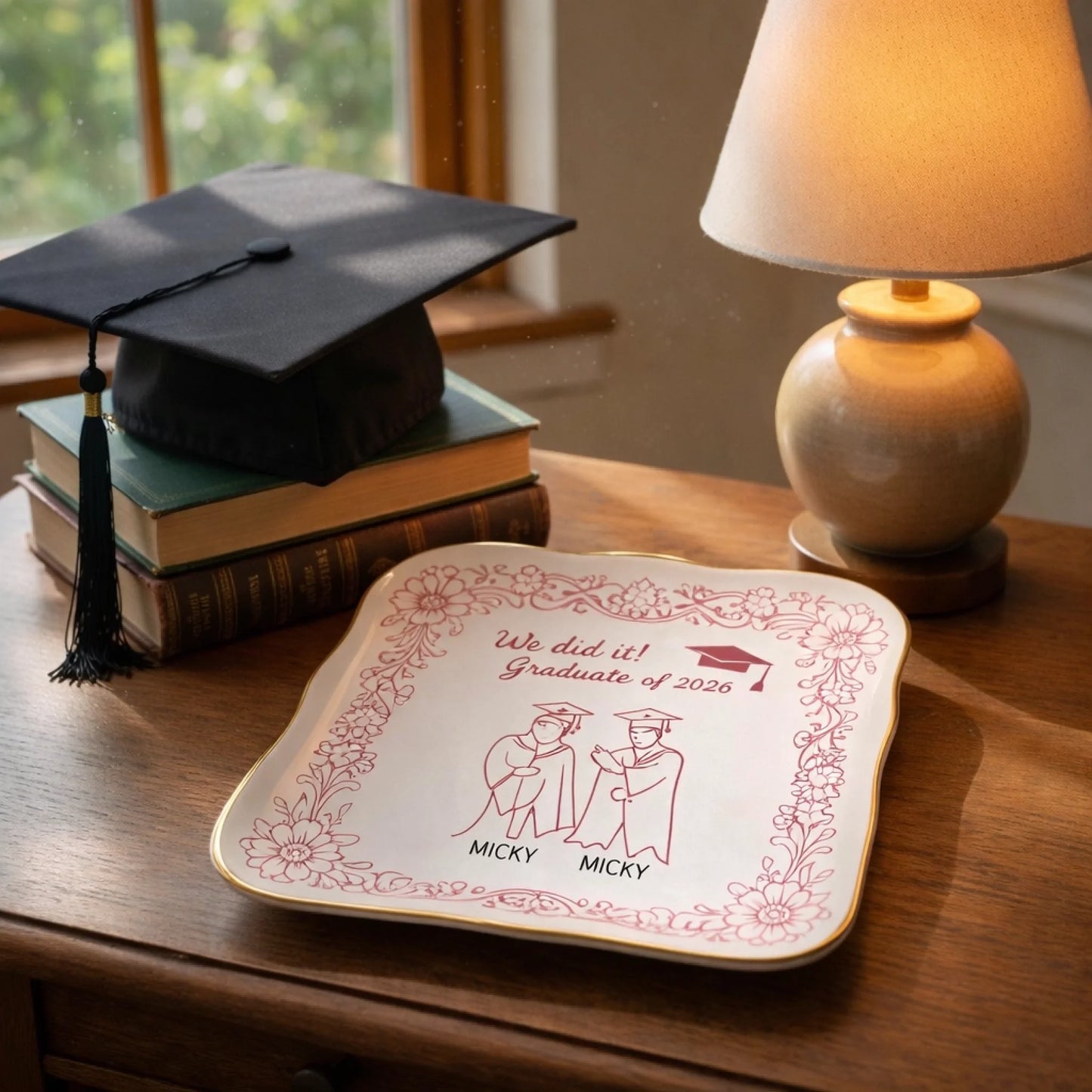 Personalized ceramic plate in white with pink graduation floral design front view - Jollimate