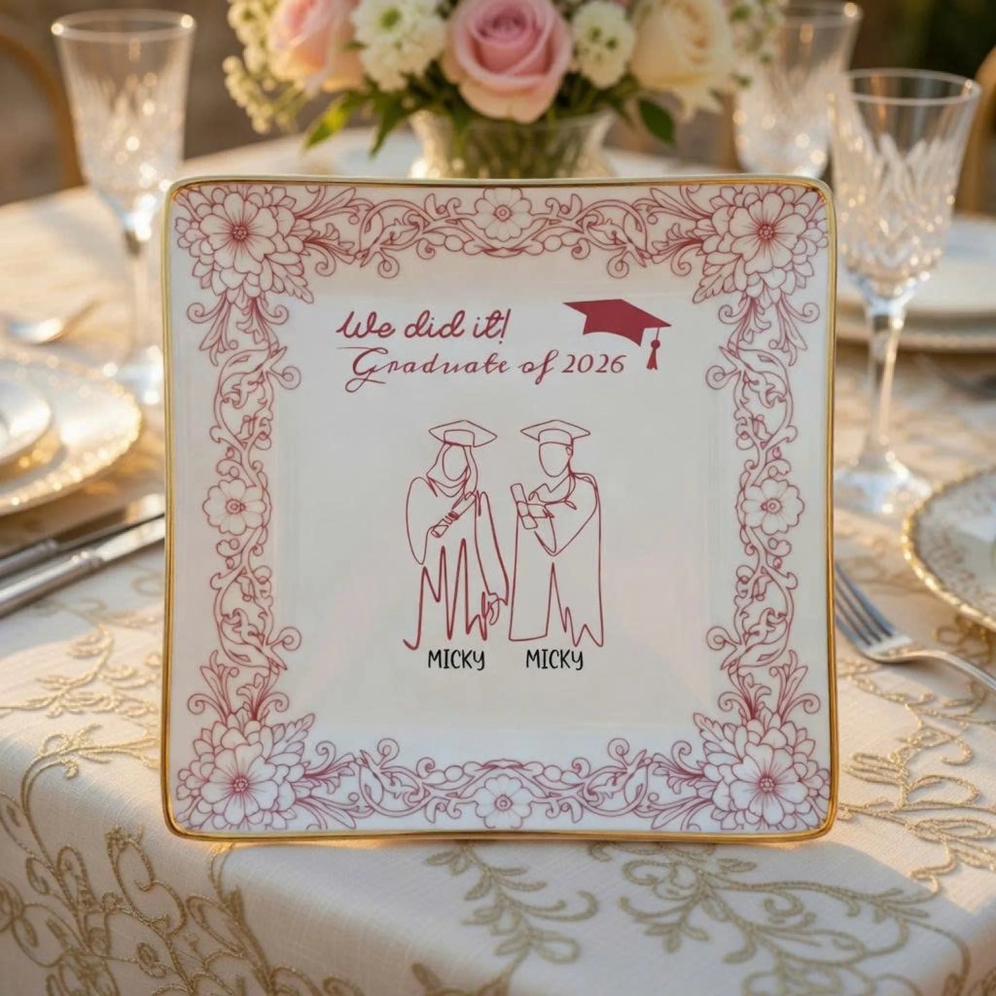 Personalized ceramic plate in white with pink graduation floral design front view - Jollimate