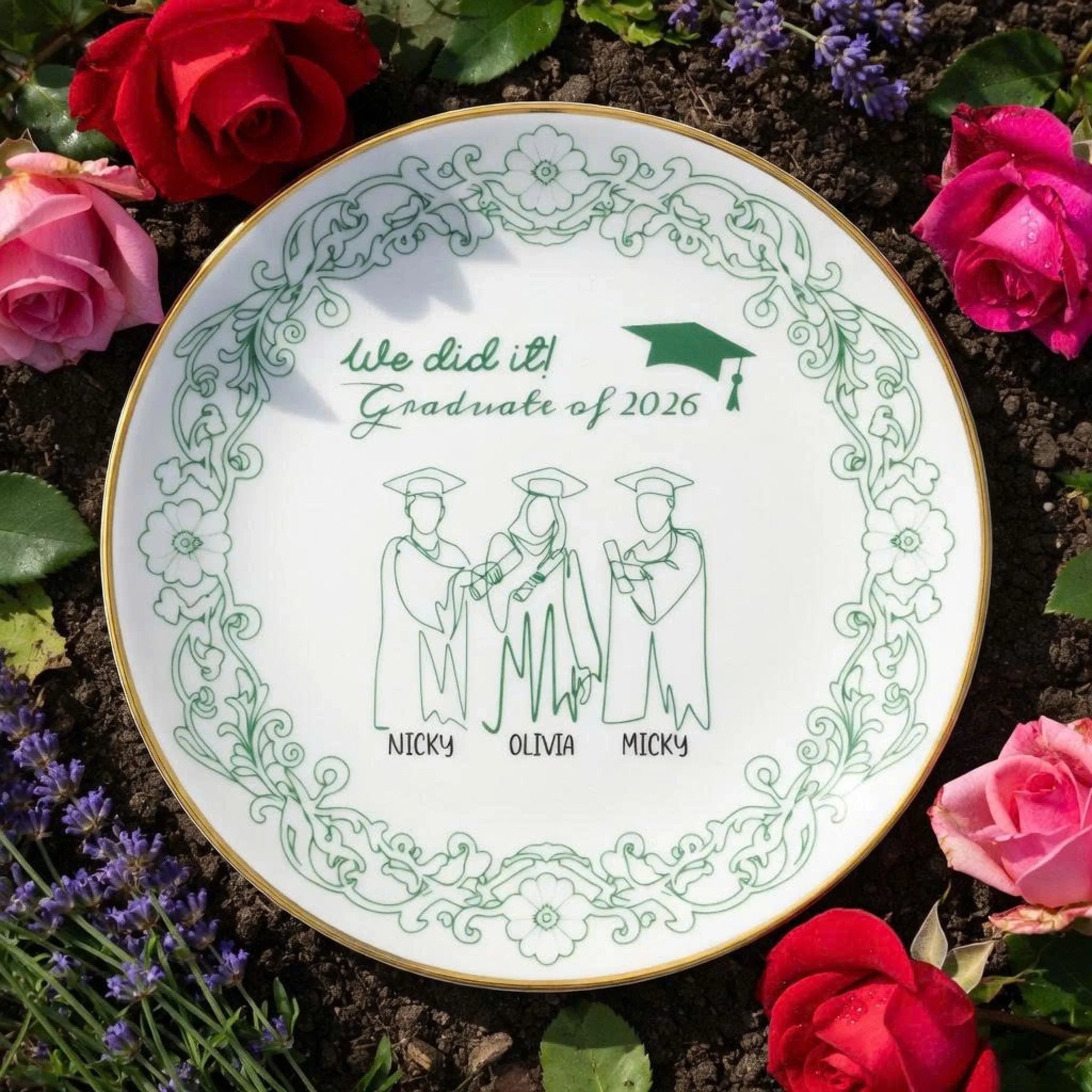 Personalized ceramic plate in white with pink graduation floral design front view - Jollimate