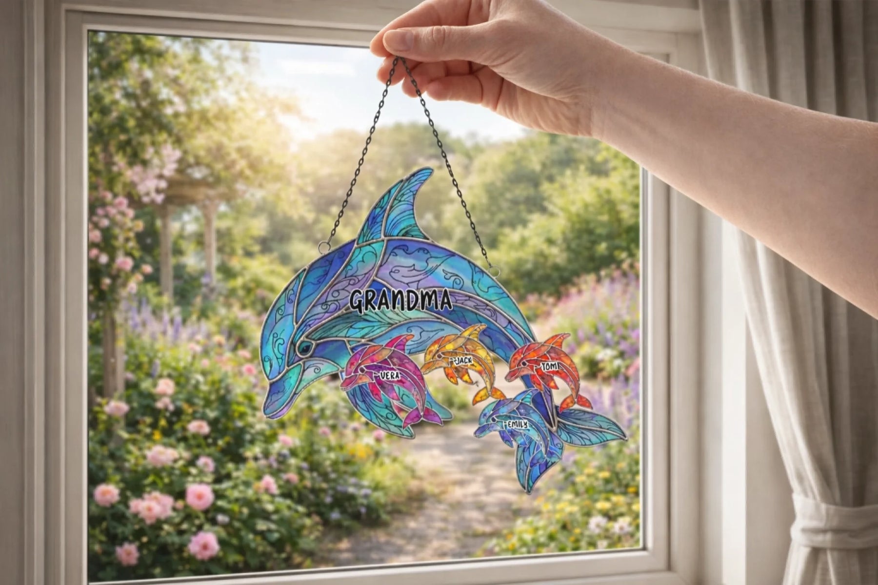 Grandma dolphin stained glass suncatcher with names in window garden background