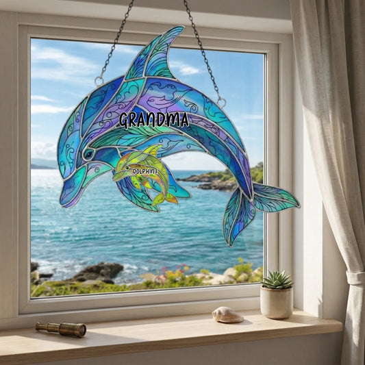 Grandma dolphin stained glass suncatcher with names in window garden background