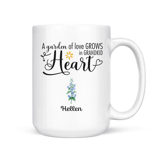 Front and back of white mug with custom birth flowers and grandkids quote - Jollimate