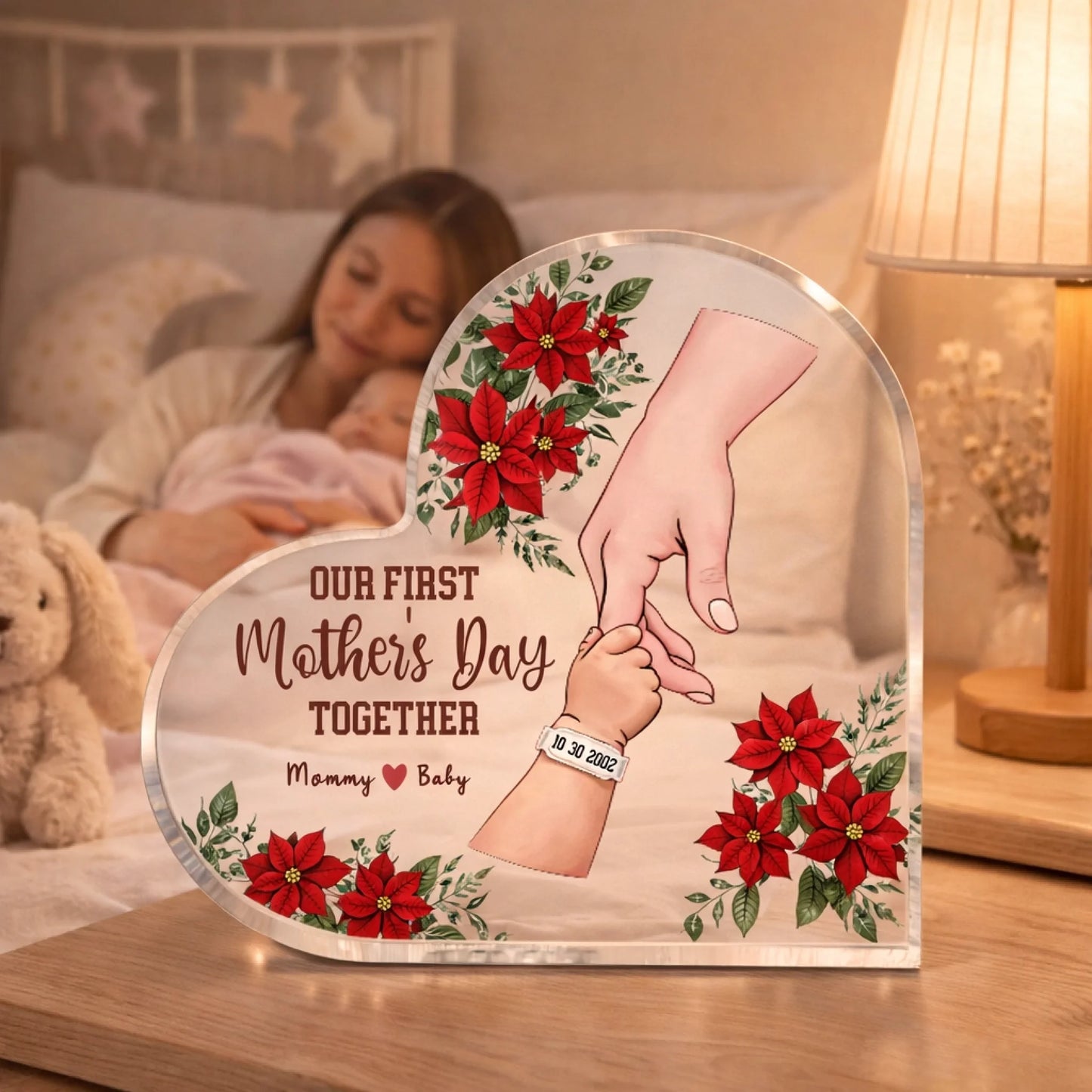 Personalized acrylic plaque with mother baby hands and floral design on bedside table warm nursery view - Jollimate