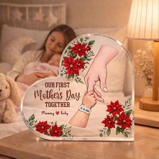 Personalized acrylic plaque with mother baby hands and floral design on bedside table warm nursery view - Jollimate