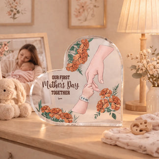 Personalized acrylic plaque with mother baby hands and floral design on bedside table warm nursery view - Jollimate