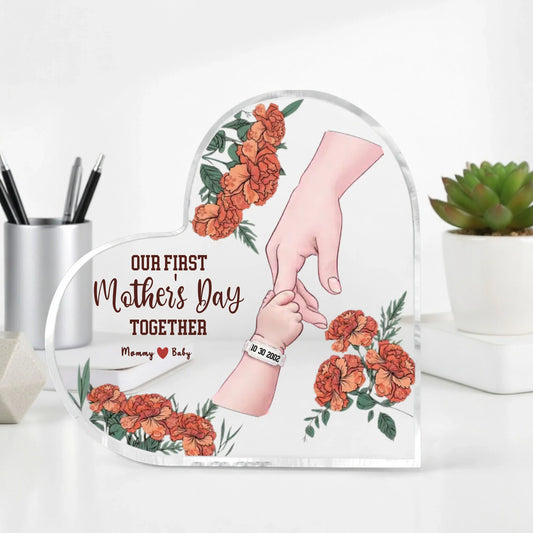 Personalized acrylic plaque with mother baby hands and floral design on bedside table warm nursery view - Jollimate