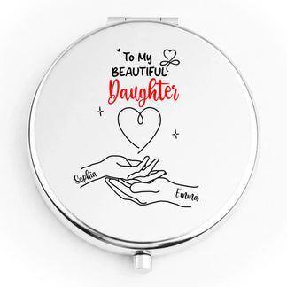 Personalized rose gold compact mirror with daughter holding hands design flat lay - Jollimate