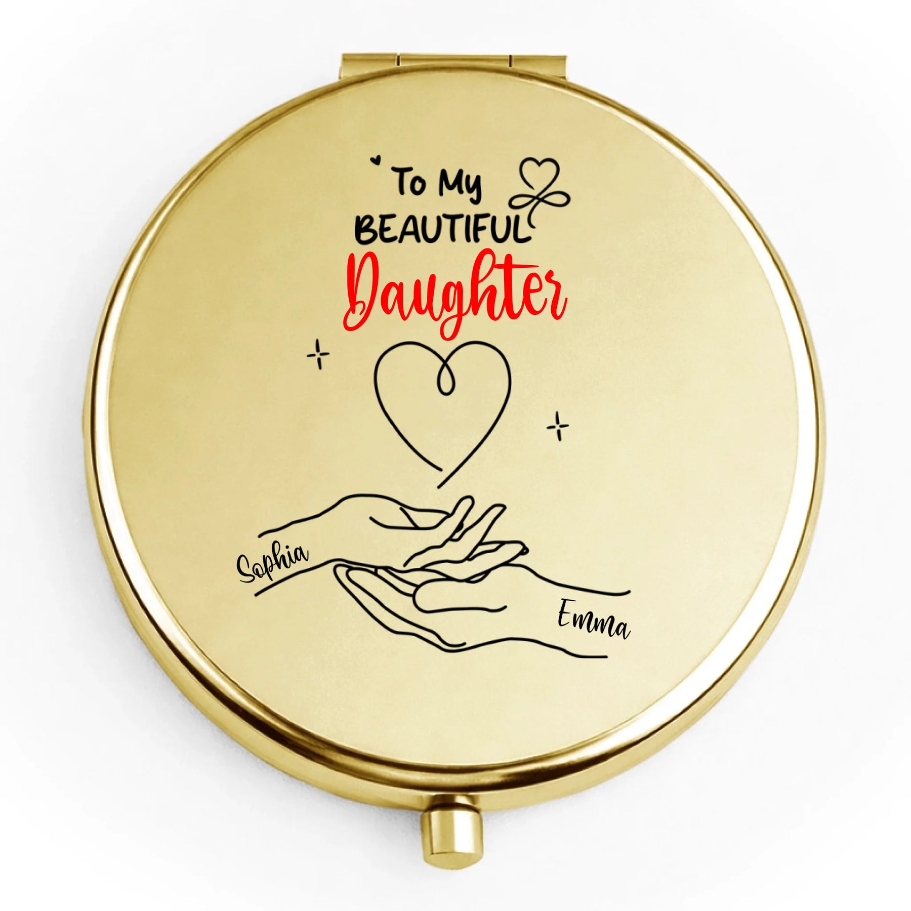 Personalized rose gold compact mirror with daughter holding hands design flat lay - Jollimate