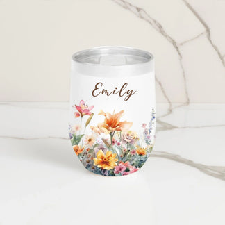 personalized floral tumbler with name emily fall background close up - Jollimate