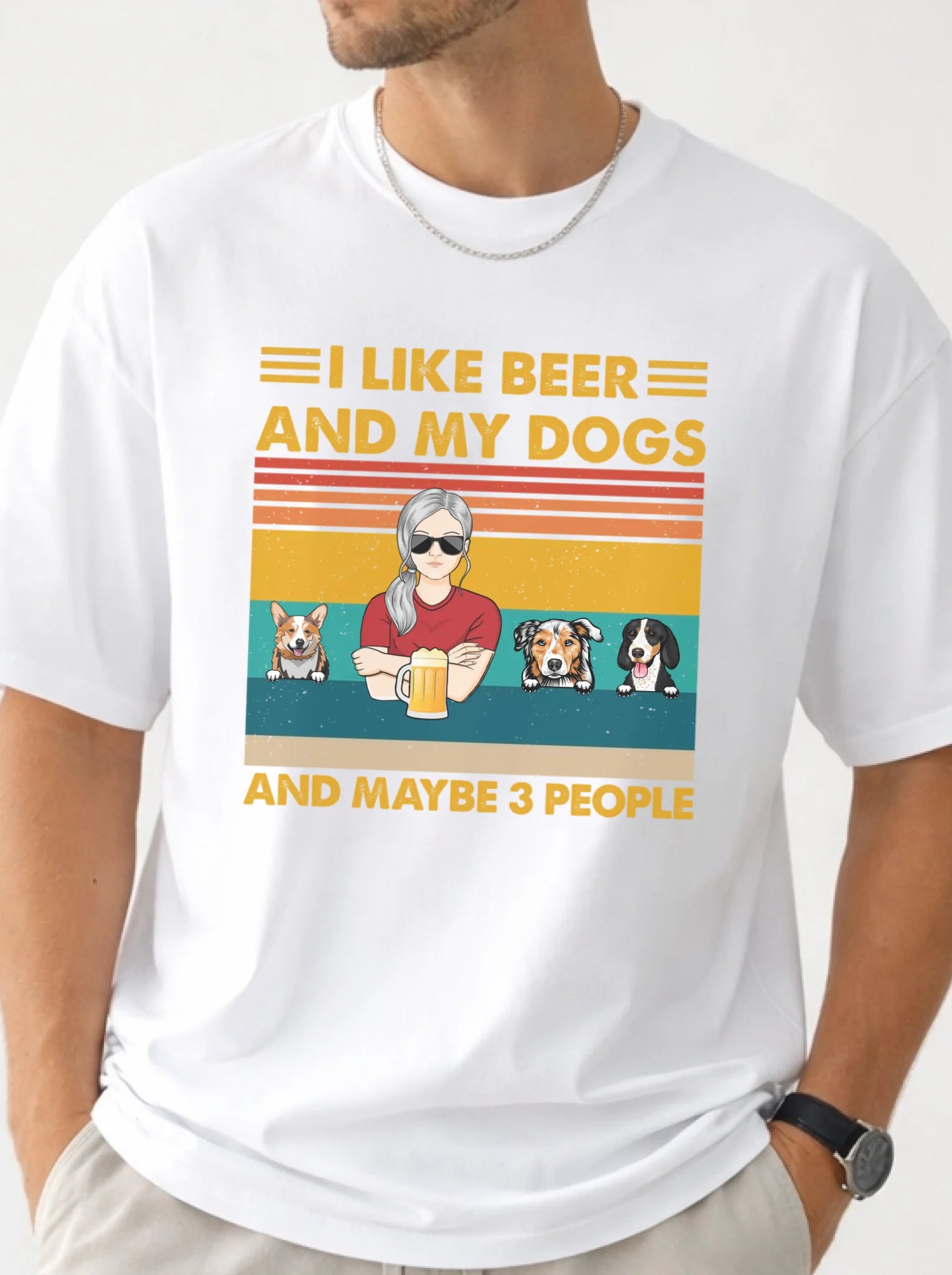 White t-shirt with graphic design featuring a person with dogs and text 'I like beer and my dogs and maybe 3 people' on a white background.