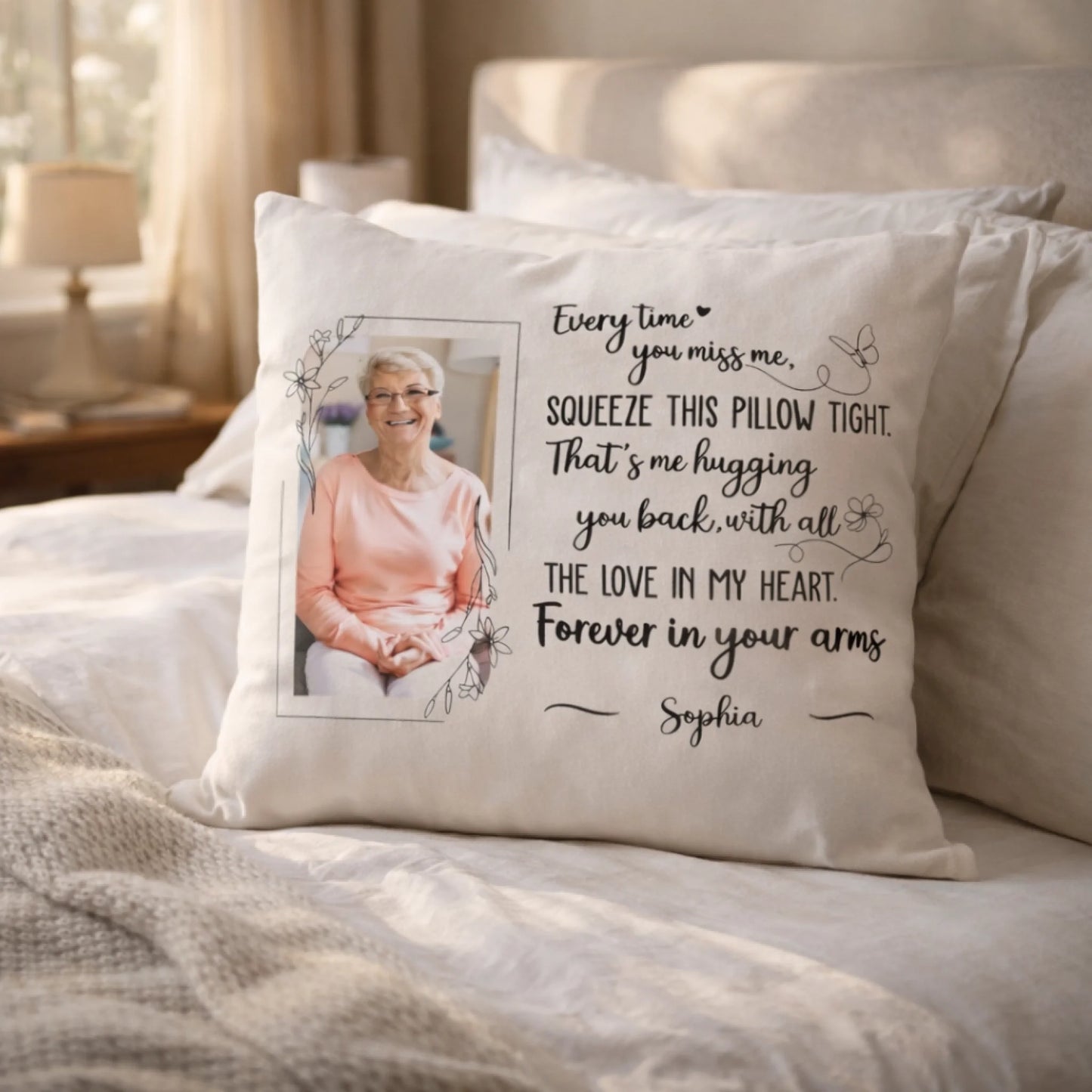 Personalized memorial pillow with photo and heartfelt message placed on beige sofa in cozy sunlit living room