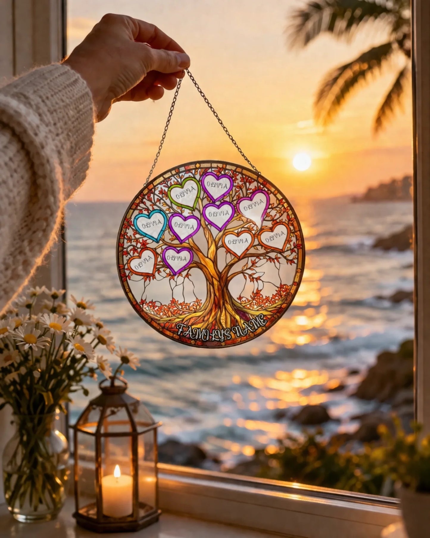 Personalized acrylic suncatcher with colorful heart tree of life hanging decor front view - Jollimate