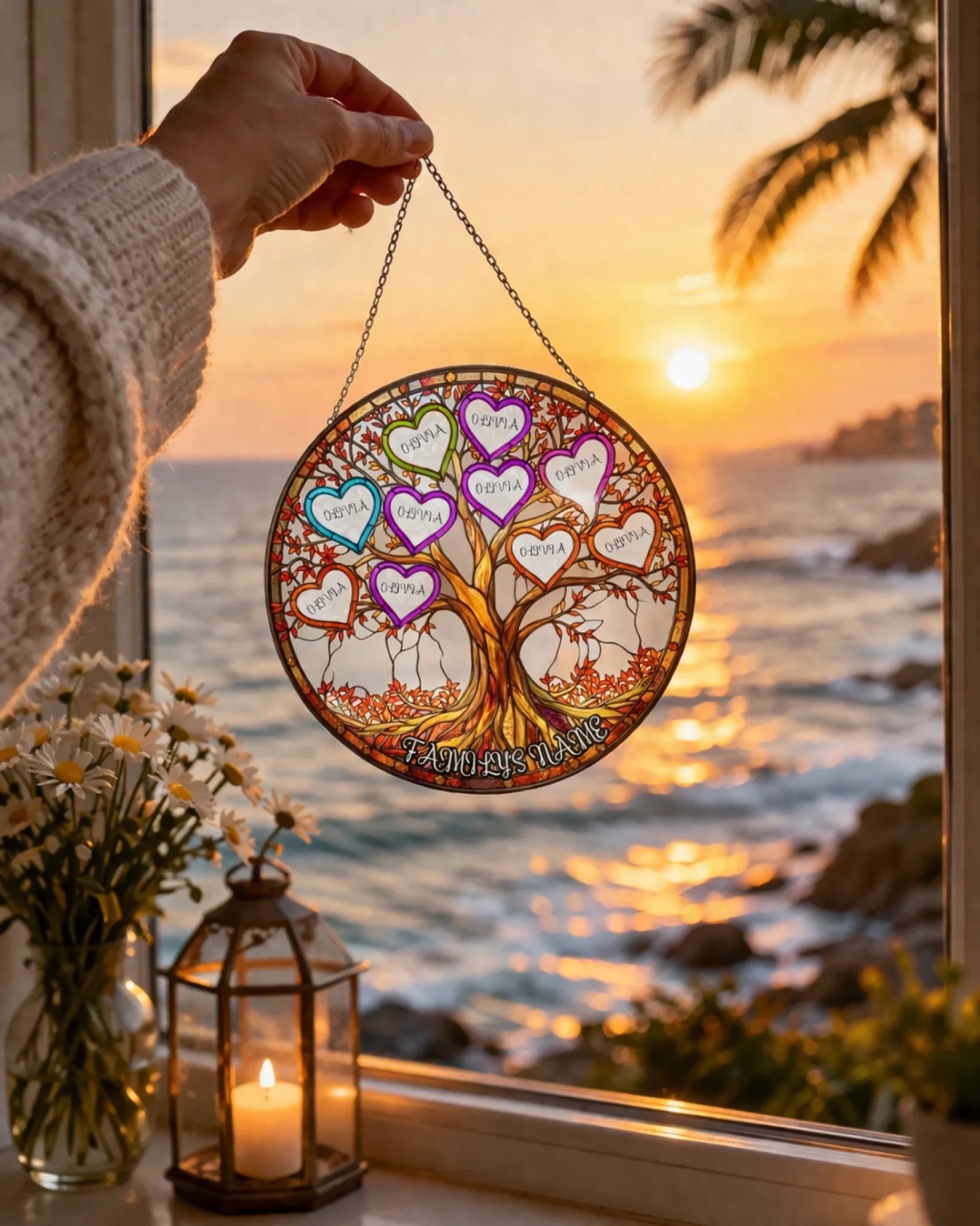 Personalized acrylic suncatcher with colorful heart tree of life hanging decor front view - Jollimate