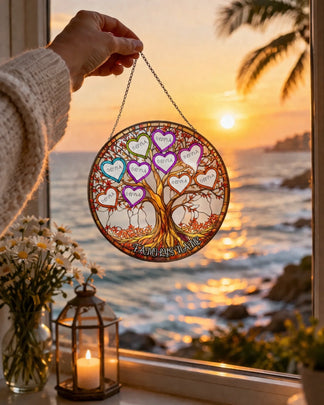Personalized acrylic suncatcher with colorful heart tree of life hanging decor front view - Jollimate