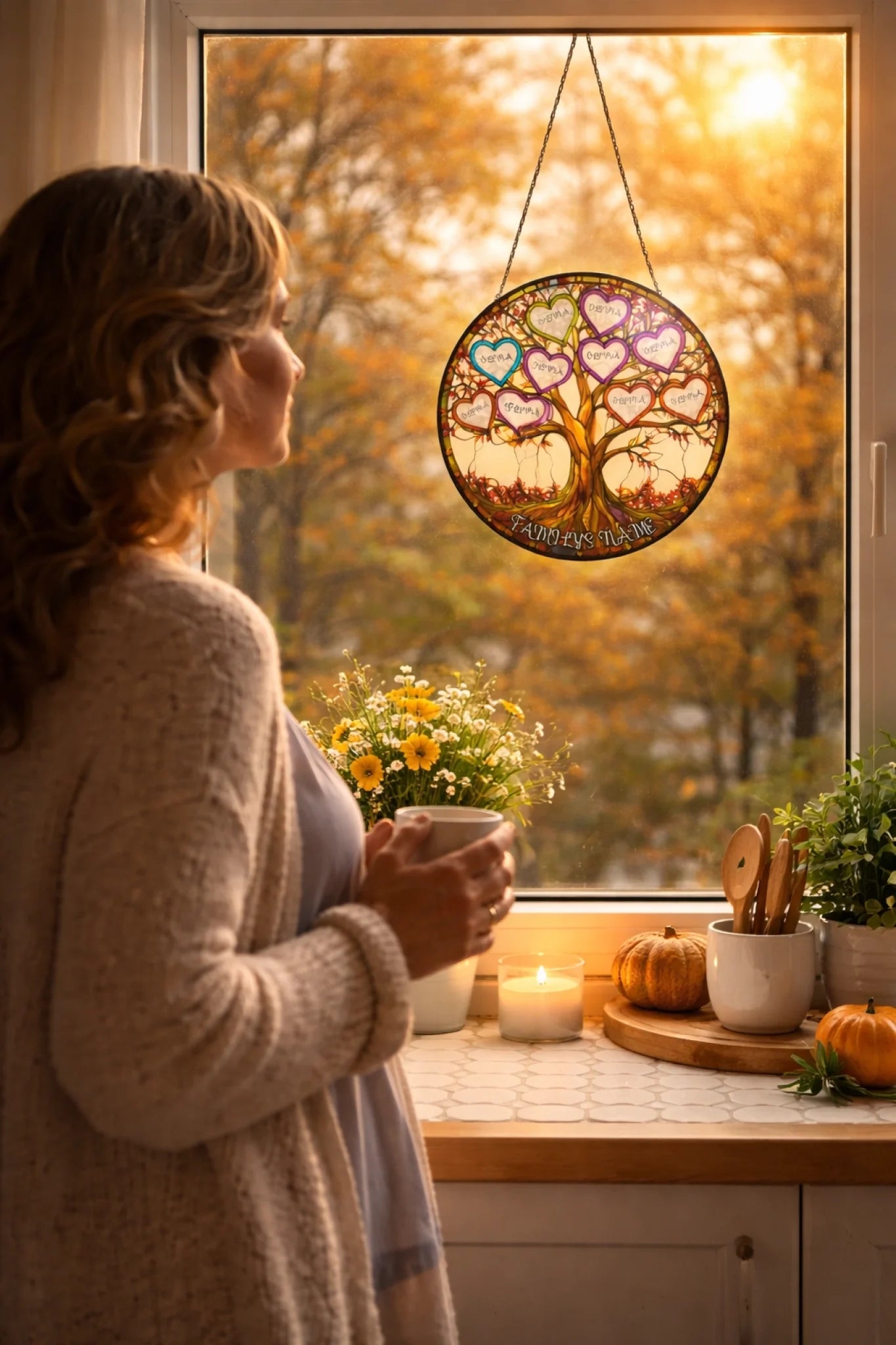 Personalized acrylic suncatcher with colorful heart tree of life hanging decor front view - Jollimate