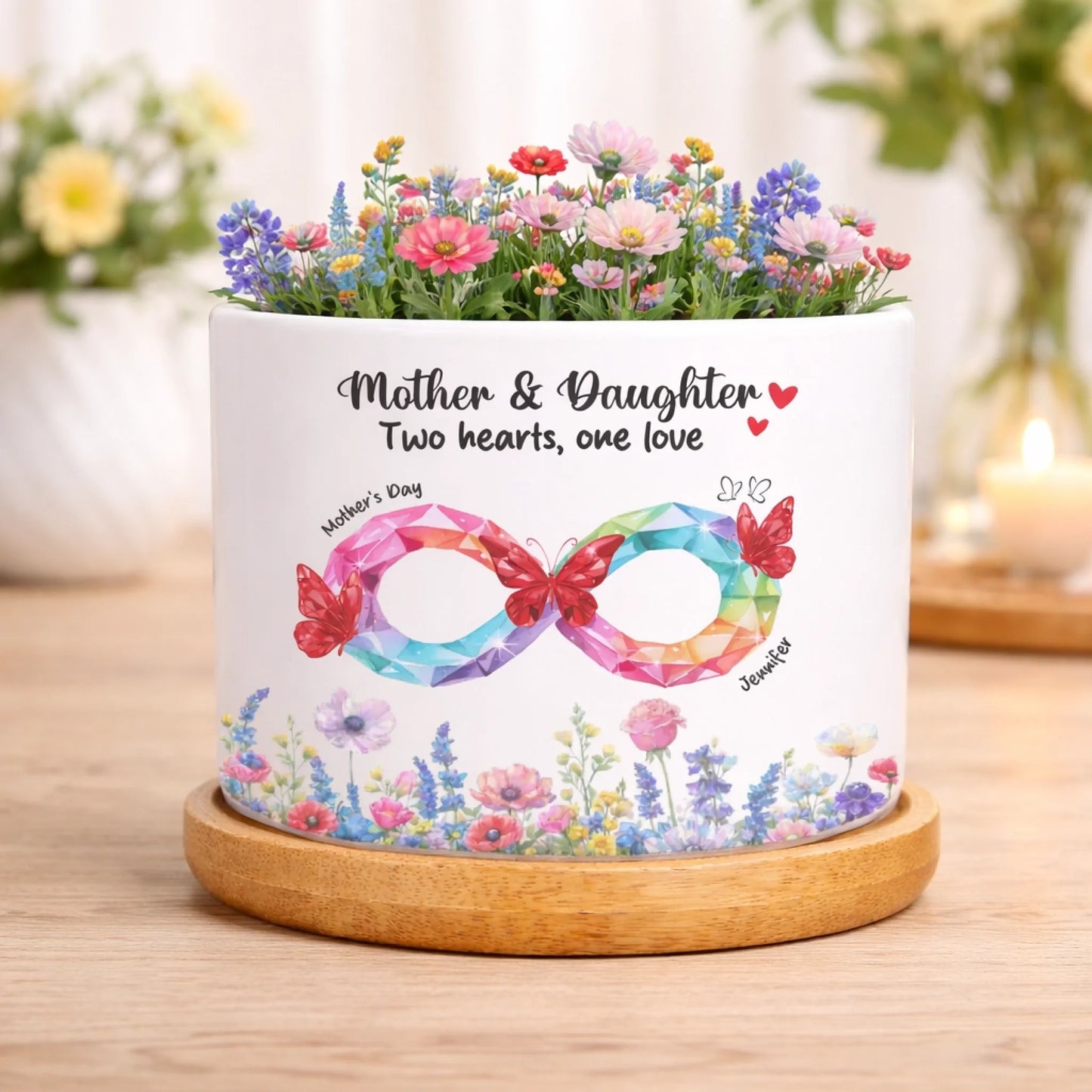 Personalized Mother Daughter Planter Pot - Two Hearts One Love Floral Infinity Custom Name Gift For Family Mothers Day Gift For Her