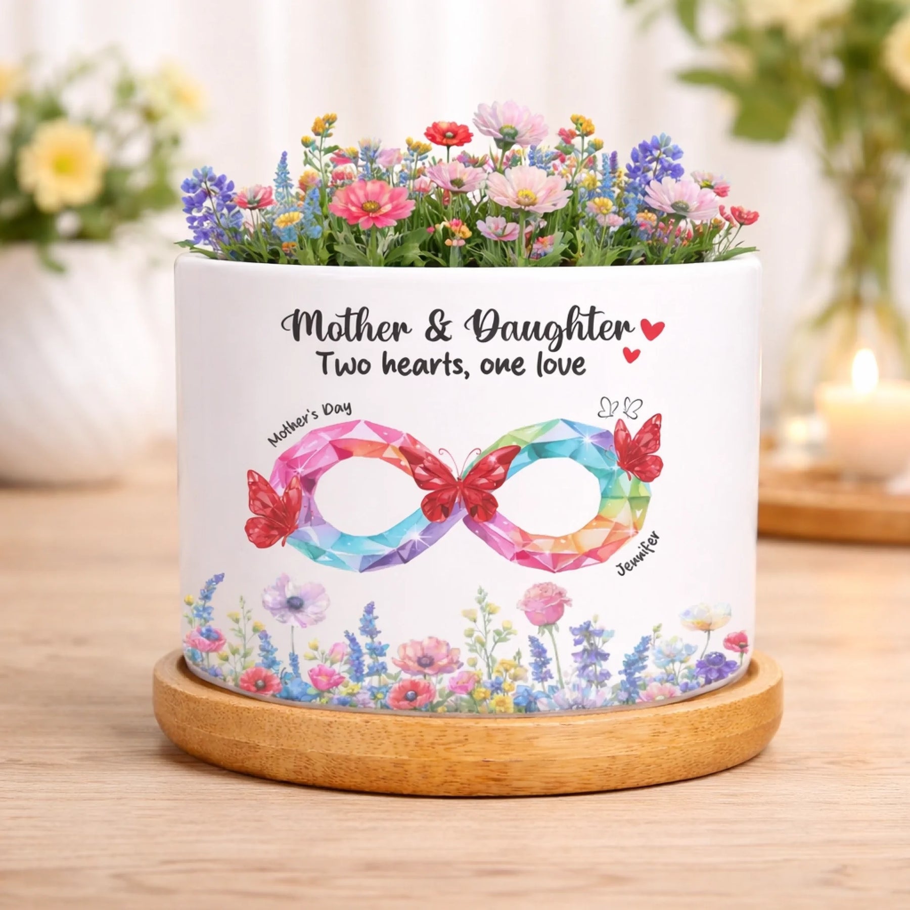 Personalized Mother Daughter Planter Pot - Two Hearts One Love Floral Infinity Custom Name Gift For Family Mothers Day Gift For Her