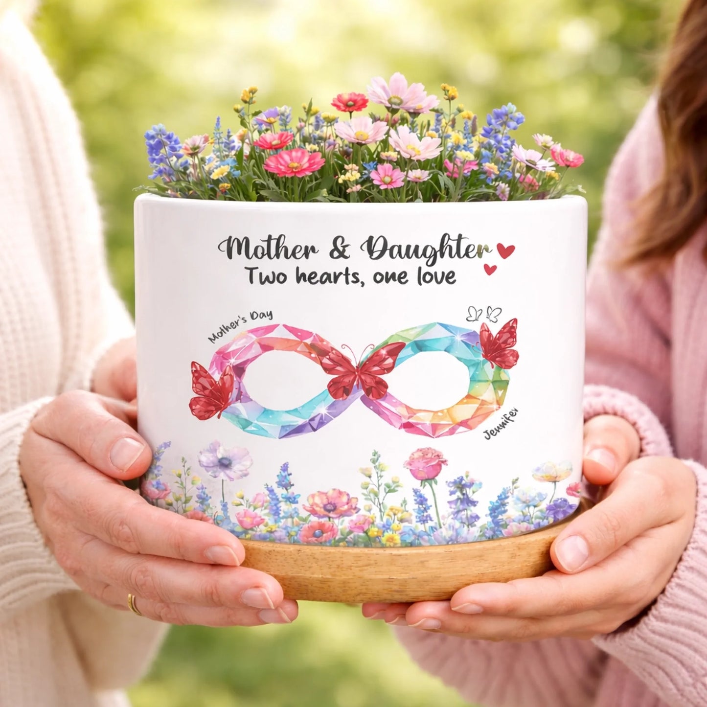 Personalized Mother Daughter Planter Pot - Two Hearts One Love Floral Infinity Custom Name Gift For Family Mothers Day Gift For Her