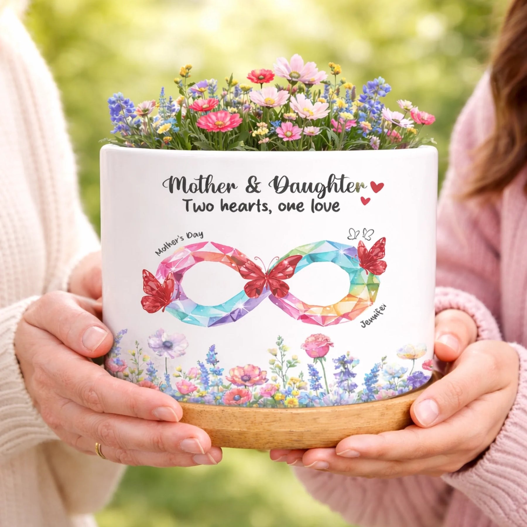 Personalized Mother Daughter Planter Pot - Two Hearts One Love Floral Infinity Custom Name Gift For Family Mothers Day Gift For Her