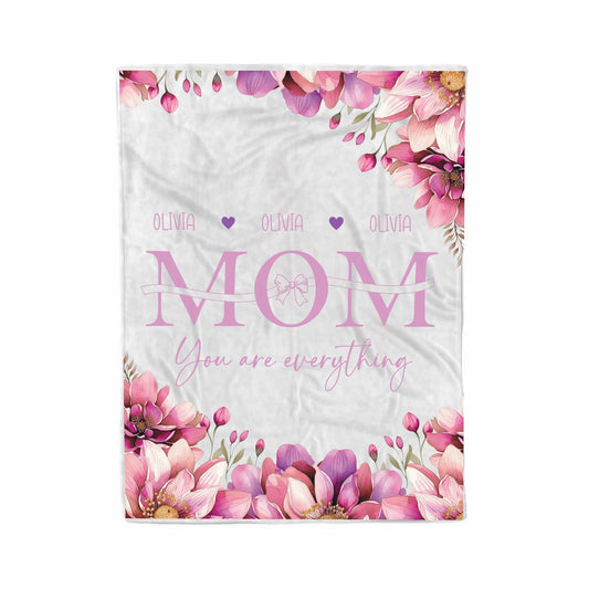 Personalized mom blanket in white with pink floral and custom Olivia text front view - Jollimate