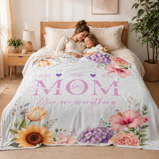 Personalized mom blanket in white with pink floral and custom Olivia text front view - Jollimate