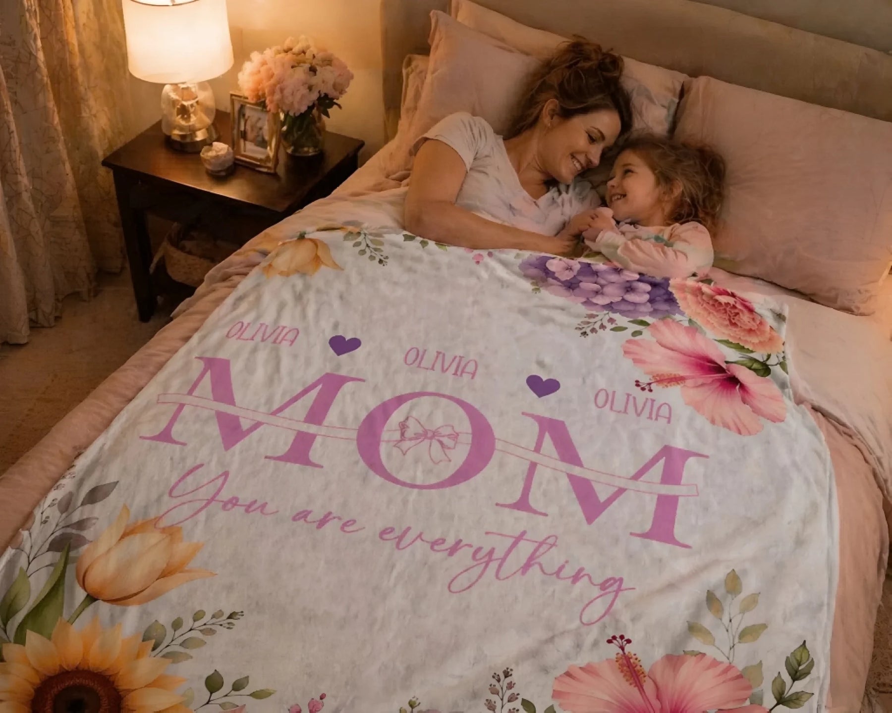 Personalized mom blanket in white with pink floral and custom Olivia text front view - Jollimate