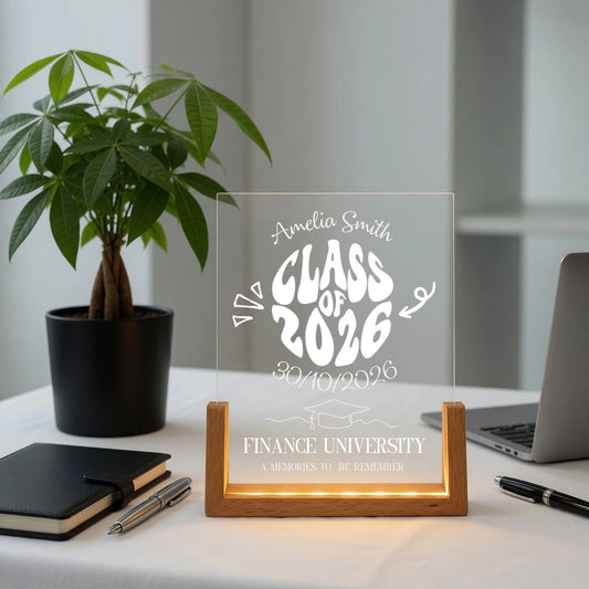 Personalized acrylic lamp with class of 2026 name design on desk warm LED glow front view - Jollimate